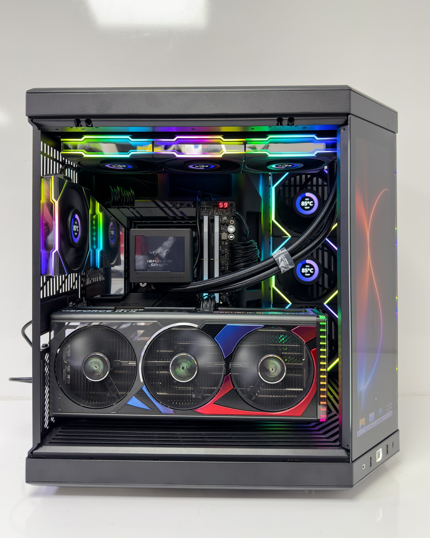 Completed custom RTX workstation in a glass computer case